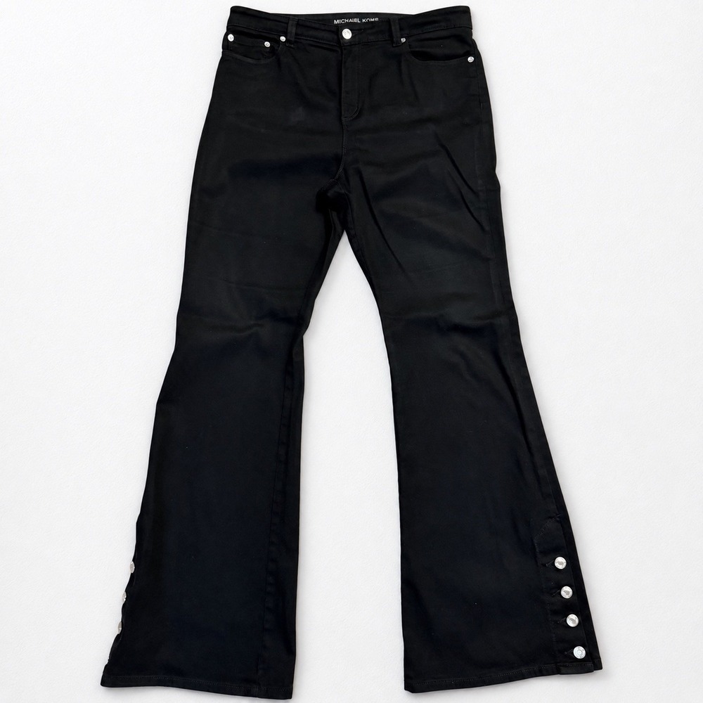 Michael Kors Women's 10 Black Flare Jeans Stretch Button Hem 70s Inspired